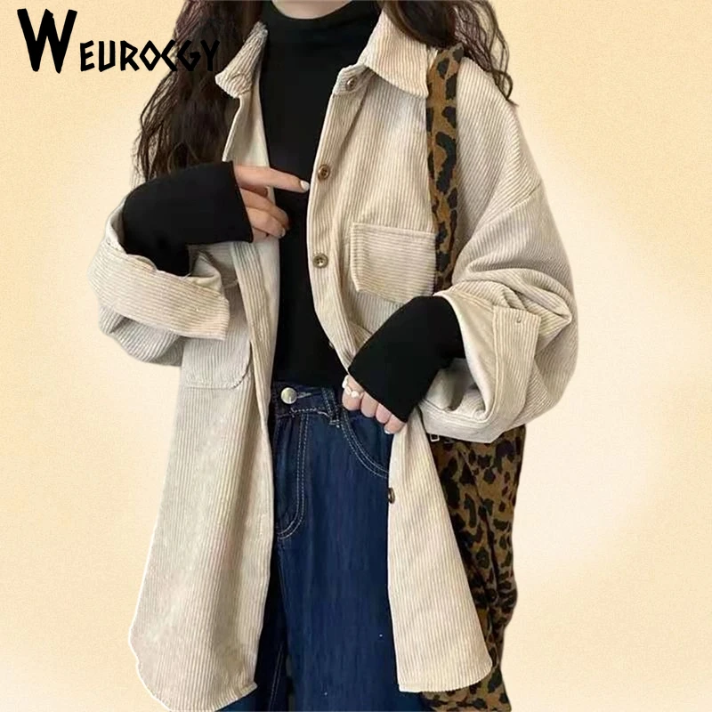 

Women Blouse 2023 Winter Fashion New Retro Versatile Striped Pleated Corduroy Single Breasted Long Sleeve Woman Long Blouse