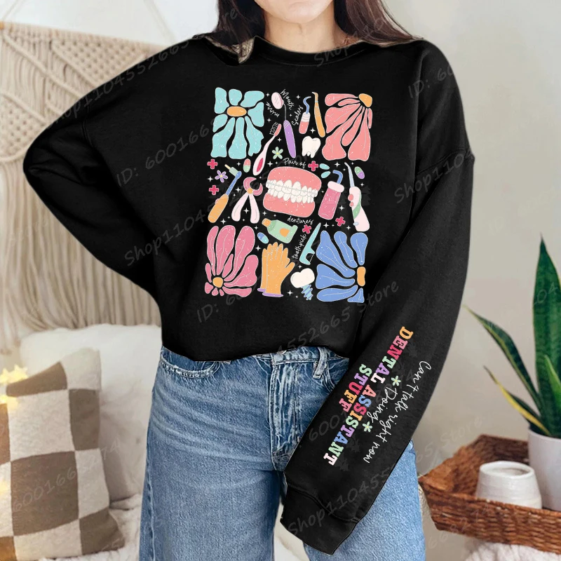 Divertida camiseta con estampado de cosas de asistente Dental para mujer, sudadera de gran tamaño, jerséis de manga larga a la moda, Tops de talla grande, sudadera sin capucha