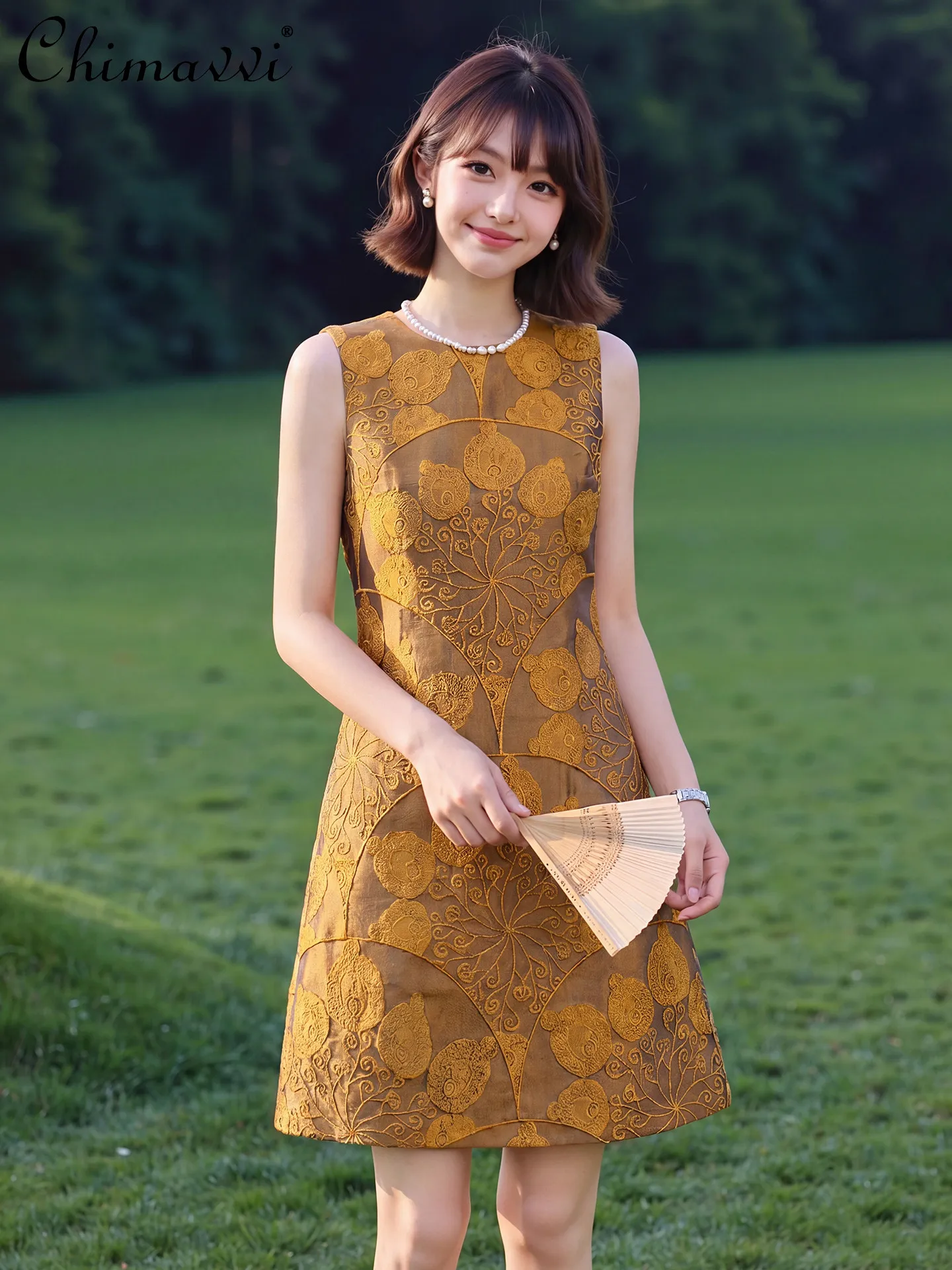 French Elegant Fashion Socialite Jacquard Embroidery Crew Neck Sleeveless High Waist Slim A-line Short Party Dress Women Summer