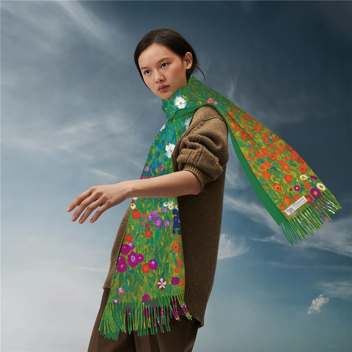 Oil Painting Cashmere Scarf Klimt Flower Farm Winter Scarf Women Rectangle Tassels Keep Warm Pashmina Brand Scarf Shawl Bandana