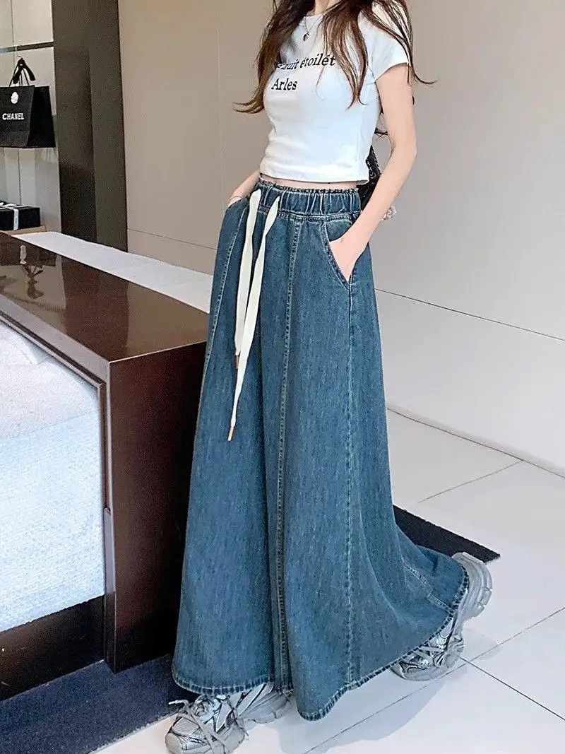 Plus Größe Vintage Hohe Taille Dstring Denim Rock frauen Frühling Herbst Lose Fit A-Line Langen Rock Abnehmen Wirkung