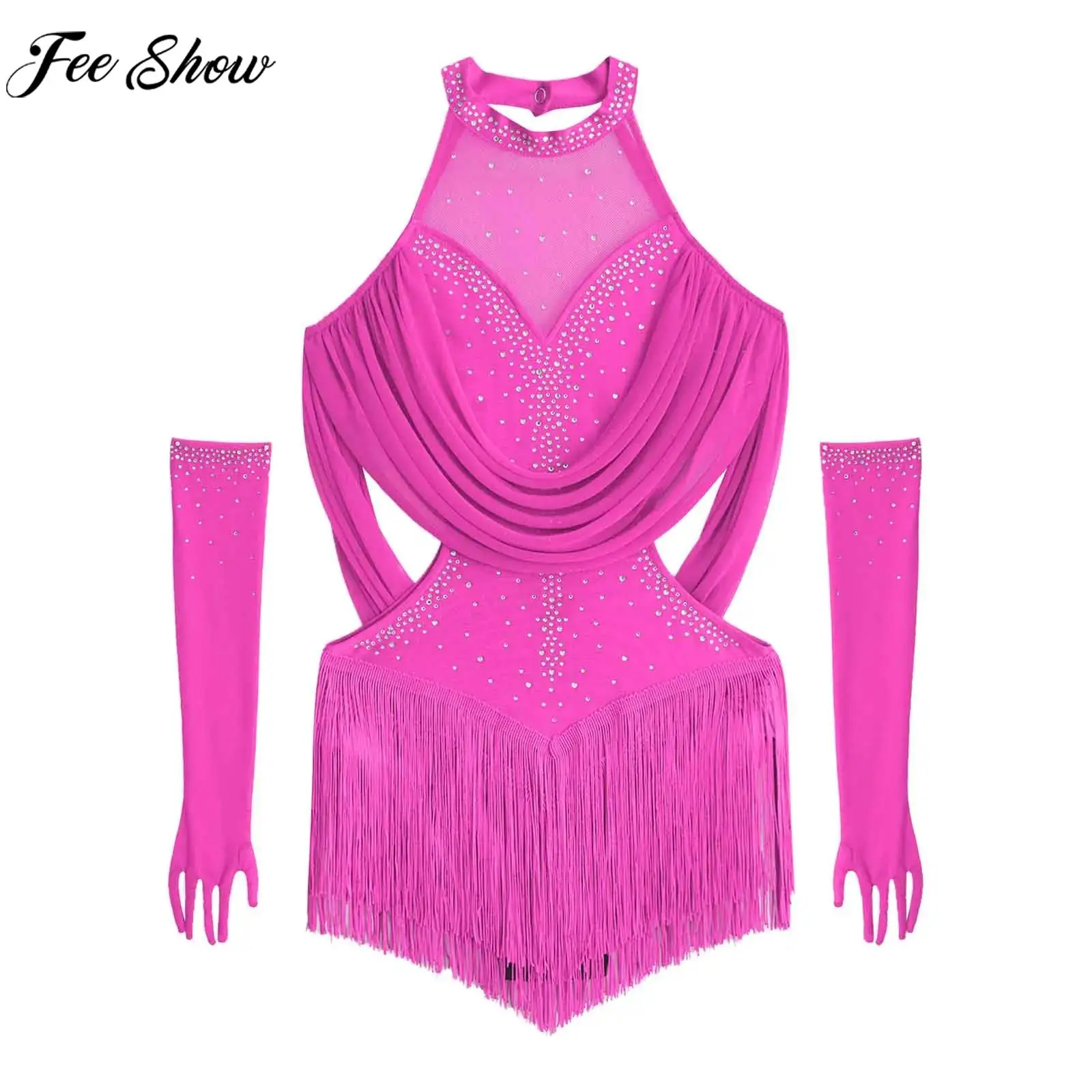 

Teen Girls Latin Dance Leotard Dress Figure Skating Cha-cha Samba Tango Costume Sleeveless Rhinestones Mesh Tassels Bodysuit