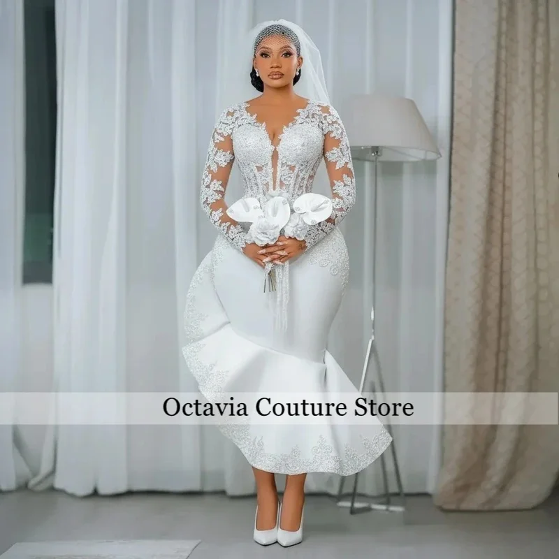 Modern African White Mermaid Civil Wedding Dress Ankle-Length Ruched Long Sleeves Bridal Gown Plus Size Bride Dresses Customized