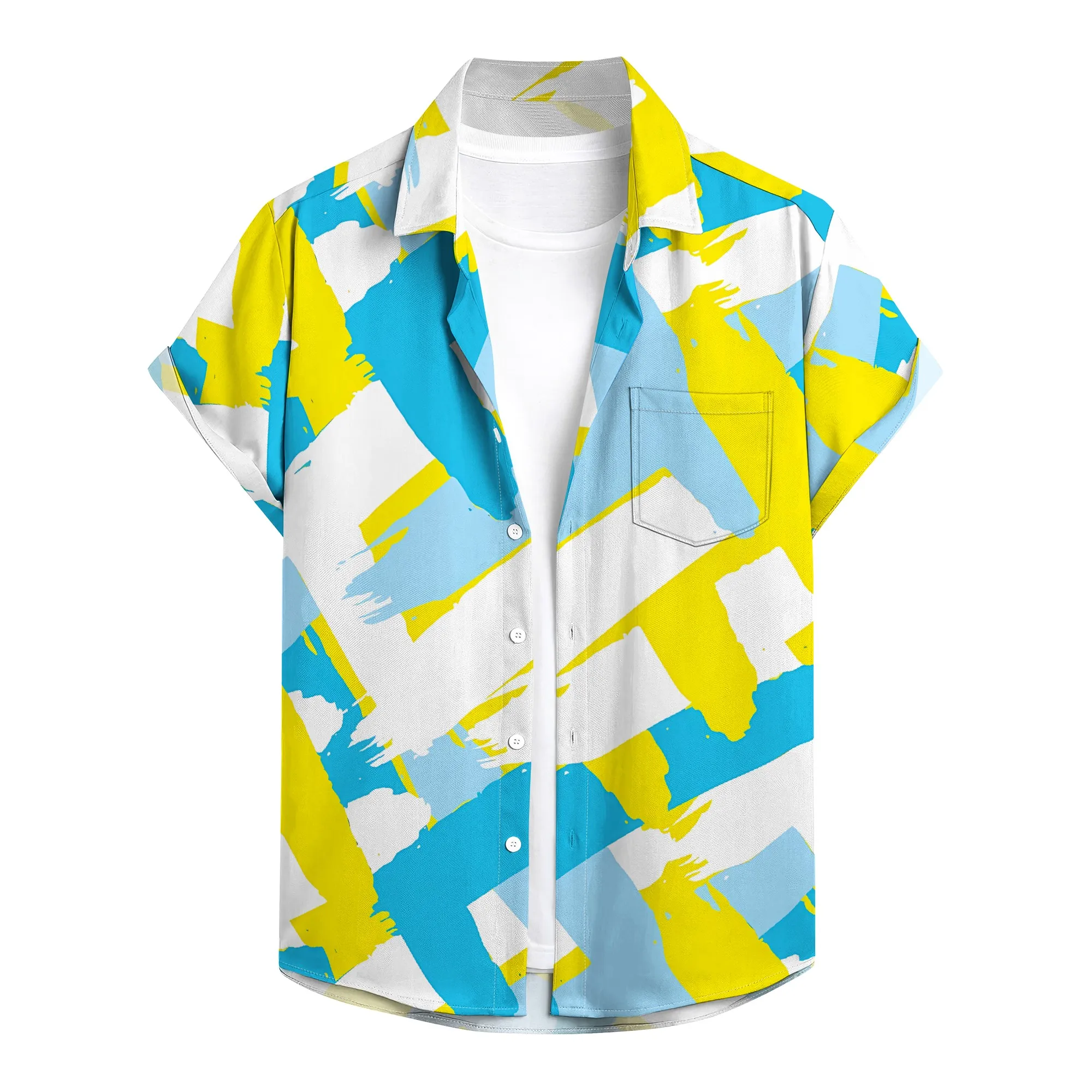 YEAE Yellow Blue Brushstroke Geometric Print Shirt for Men Summer Casual Short Sleeve Top