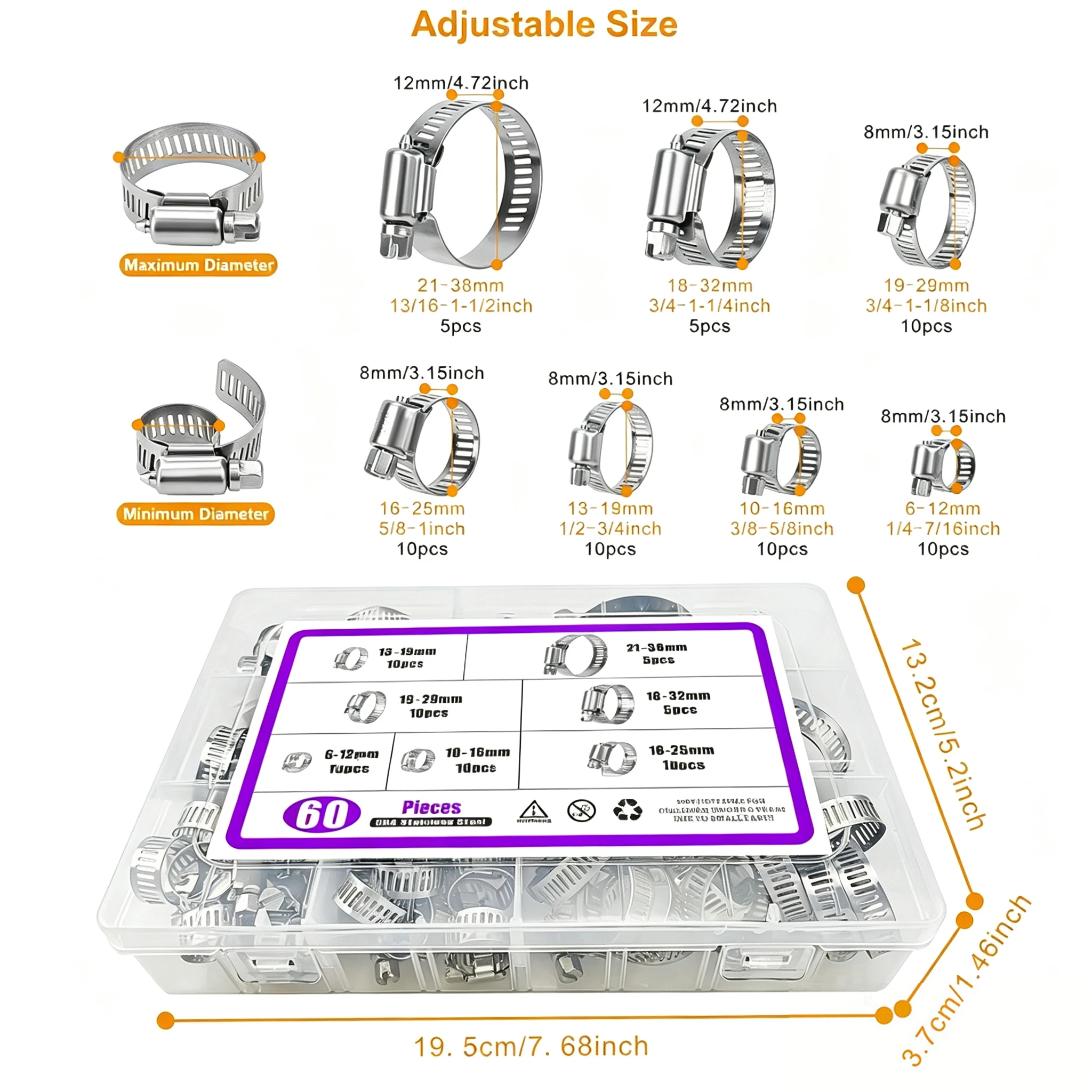 Stainless Steel Hose Clamp Assortment Kit- 60 Pieces, Adjustable 1/4''- 1-1/2'' (6-38mm) Worm Gear Metal Fuel Line Clamp