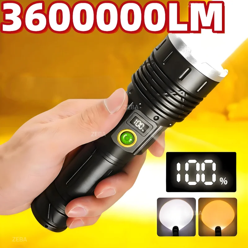 

3600000LM Super Bright LED Flashlight Waterproof Outdoor Long Distance Torch 18650/26650 Rechargeable Digital Display Lantern