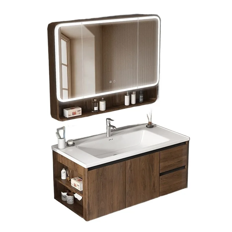 Walnut color new Chinese bathroom cabinet, double drawer thickened, honeycomb aluminum ceramic wash basin combination