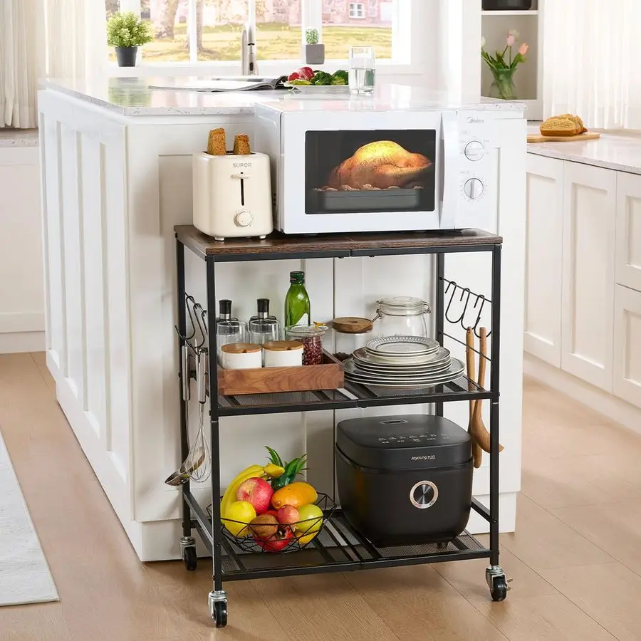 

Kitchen Microwave Cart, 3 Tier Microwave Stand with Storage, Small Kitchen Island on Wheels, Wood and Mental Kitchen Shelf Rack,