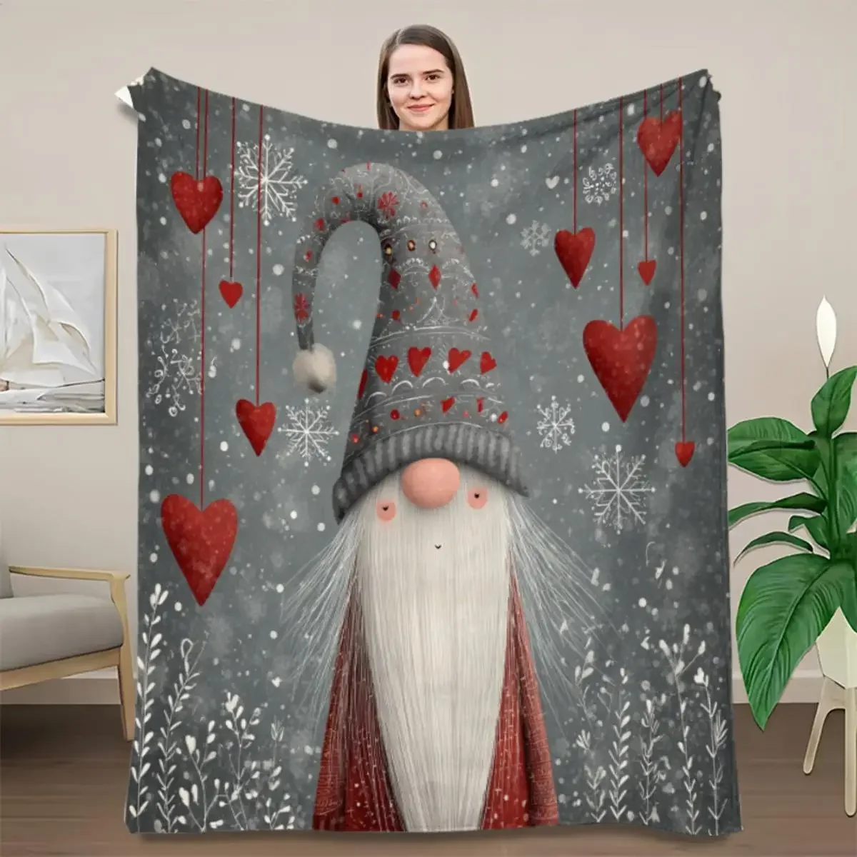 Red  Gray Gnome Flannel Throw  Soft Warm gsm AllSeason Blanket with Hearts  Snowflakes Perfect Cozy Bedspread or Sofa Cover