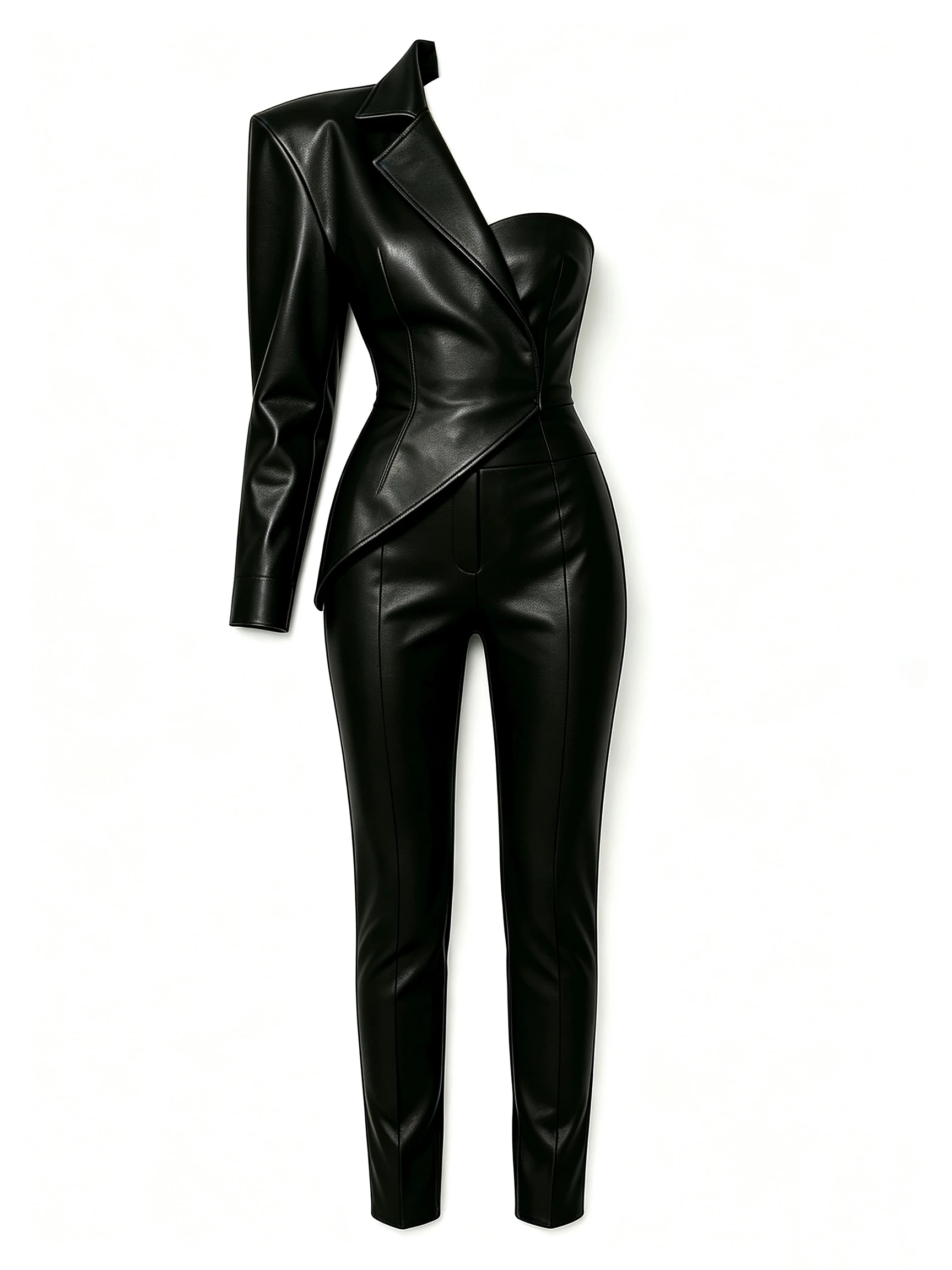 Avant-Garde Black One-Sleeve Leather Jumpsuit with Asymmetric Blazer Collar and Skinny Fit