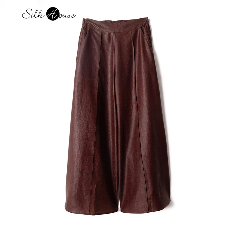 Red Classic Oil Leather Old Material 100% Natural Mulberry Silk Red Cloud Yarn Retro Casual Wide Leg Pants