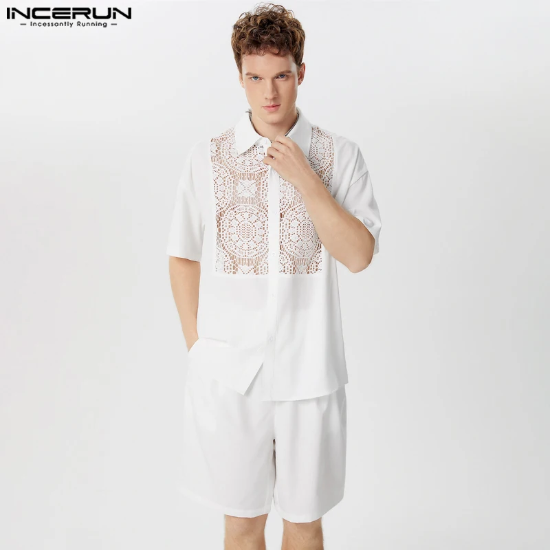 INCERUN Men Sets Lace Patchwork Transparent Lapel Short Sleeve Shirt & Shorts Two Pieces Sets Streetwear Summer 2024 Men\'s Suits