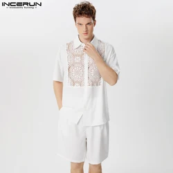 INCERUN Men Sets Lace Patchwork Transparent Lapel Short Sleeve Shirt & Shorts Two Pieces Sets Streetwear Summer 2024 Men's Suits