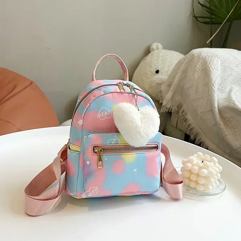 

Mini Backpack Women Nylon Cute Small Shopper Handbag Multicolor Book Bags with Heart Pendant Girls Fashion Shoulder Bag