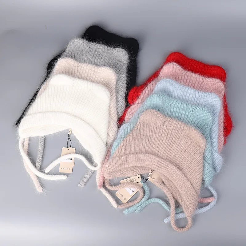 

Angolan Rabbit Fur Knitted Beanie Cap Earmuffs Winter Warm and Cold-proof Ribbon Knitted Cute Ears Bomber Hat