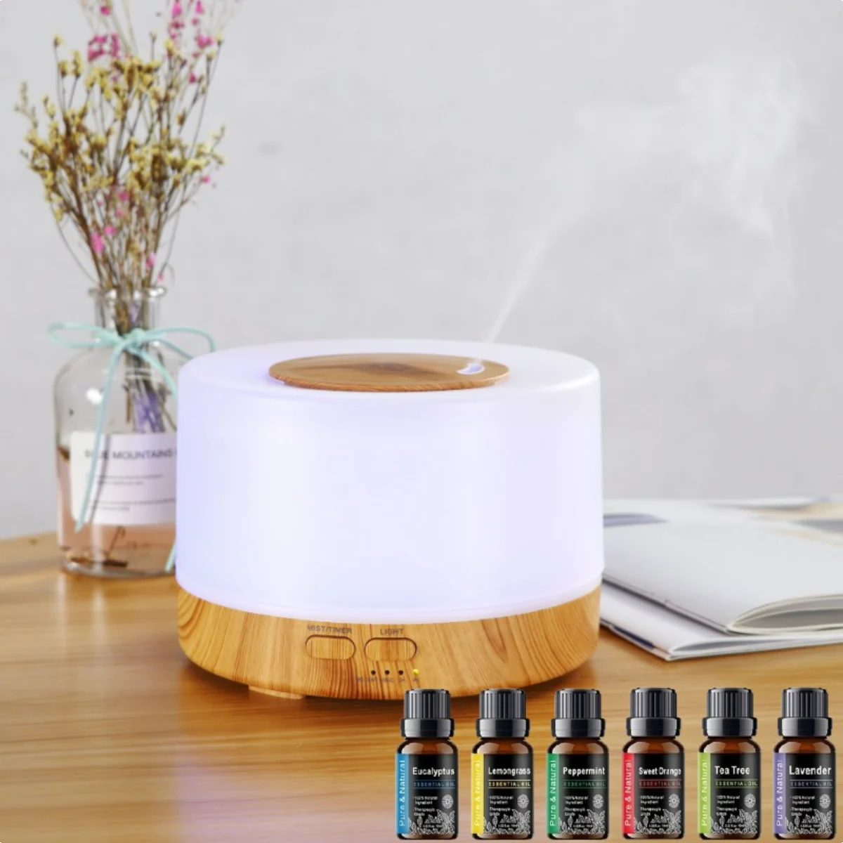 

Advanced 500ML Ultrasonic Diffuser - 7 LED Colors, 4 Timer Modes, Auto Shut-Off + 6 x 10ml Essential Oil Bottles