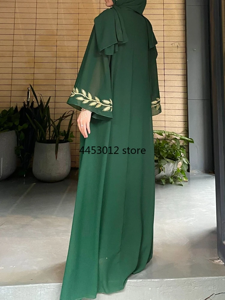 Robe longue brodée avec écharpe pour femme, abaya musulmane, Eid, Dubaï, arabe, Maroc, Kaftan, écharpe de sauna, magnifique, ensemble de 2 pièces