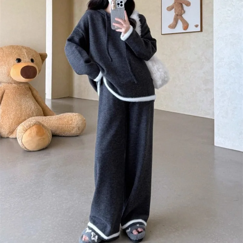 

Повседневный свободный пуловер с капюшоном на шнуровке + брюки с эластичной резинкой на талии, комплект из 2 предметов, осенне-зимний женский костюм, новая корейская женская одежда