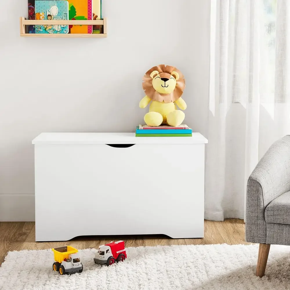 

Kids Toy Chest White Slow Close Lid Safety Hinged Carry Handles 27.7 gal Storage Solution Child Toddler Living Room Organization