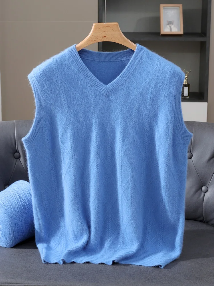 TLOML New Men's 100% Mink Cashmere Vest V-Neck Solid Cable Knit Pullover Casual Soft Autumn Winter Mink Cashmere Sleeveless Tops