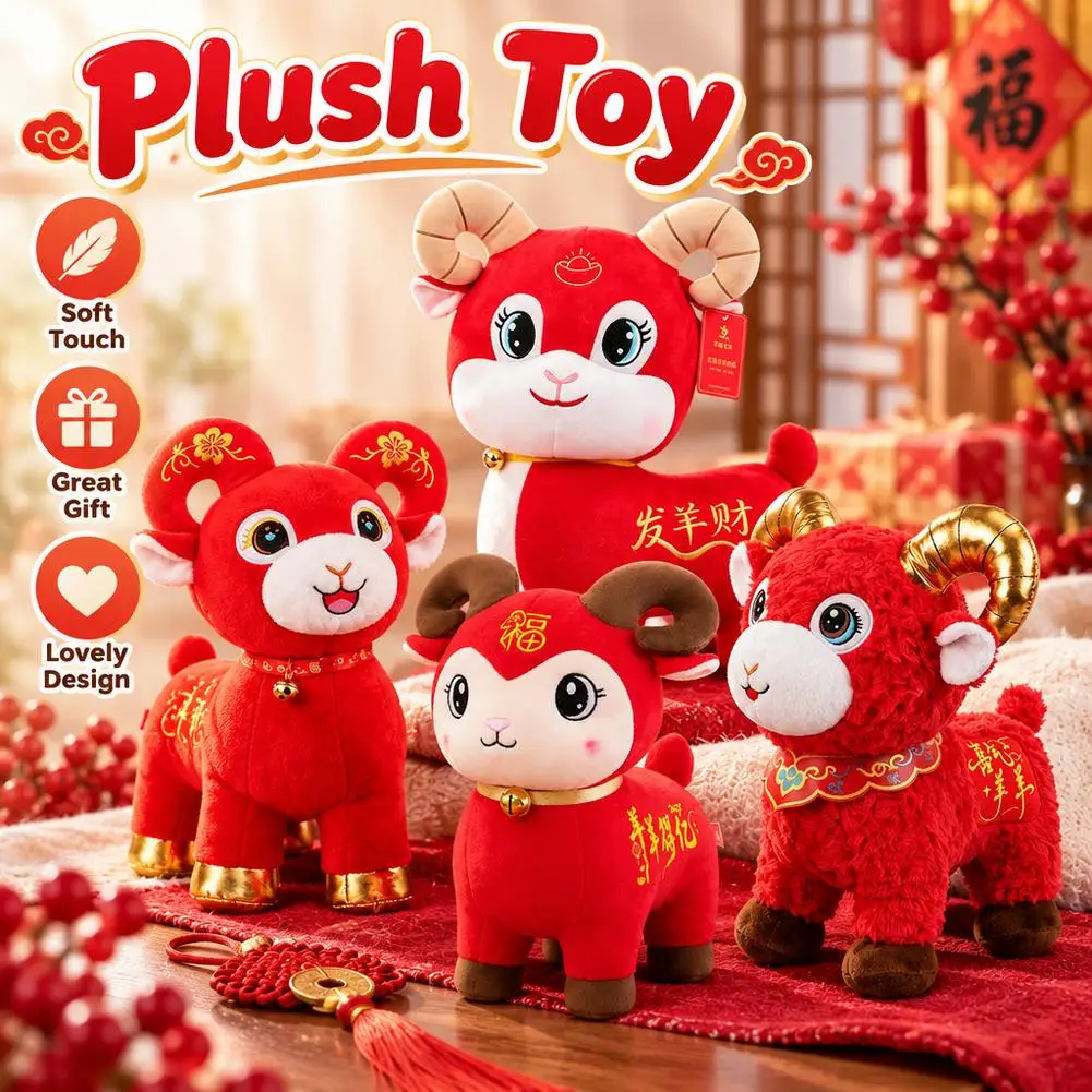 Cute Cotton Plush Mascot Doll Soft Spring Festival Decor Year of the Sheep Mascot Stuffed Animal Home Decor 2027 Chinese Zodiac