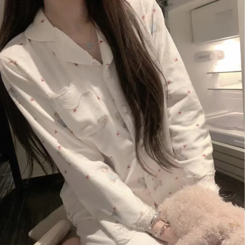 26 Women Girl Cute Bear Print Autumn Winter Island-style Fleece Pajamas Long Sleeve Pant Warm Thick Nightgown Sleepwear