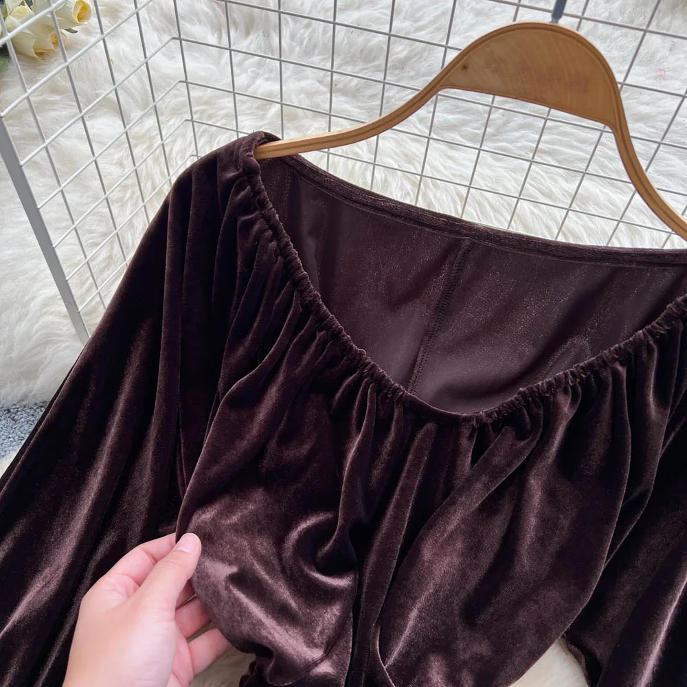 فستان أنيق مثير بأكمام طويلة من القطيفة مطوي فساتين حفلات النادي فستان صيفي للسيدات #4
