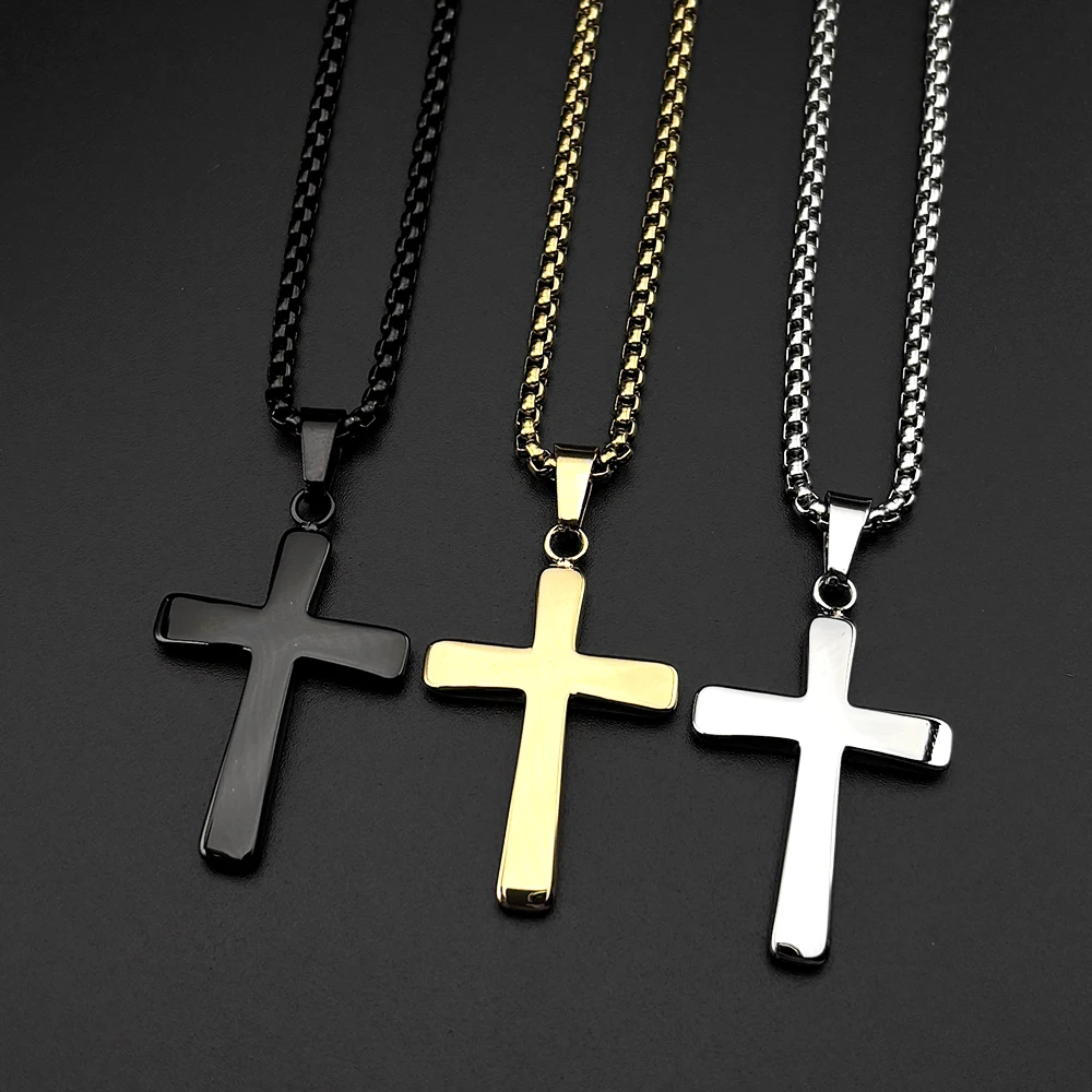 Collier pendentif croix simple pour femmes et hommes, en acier inoxydable noir, bijoux religieux, punk, gothique, cadeaux chrétiens