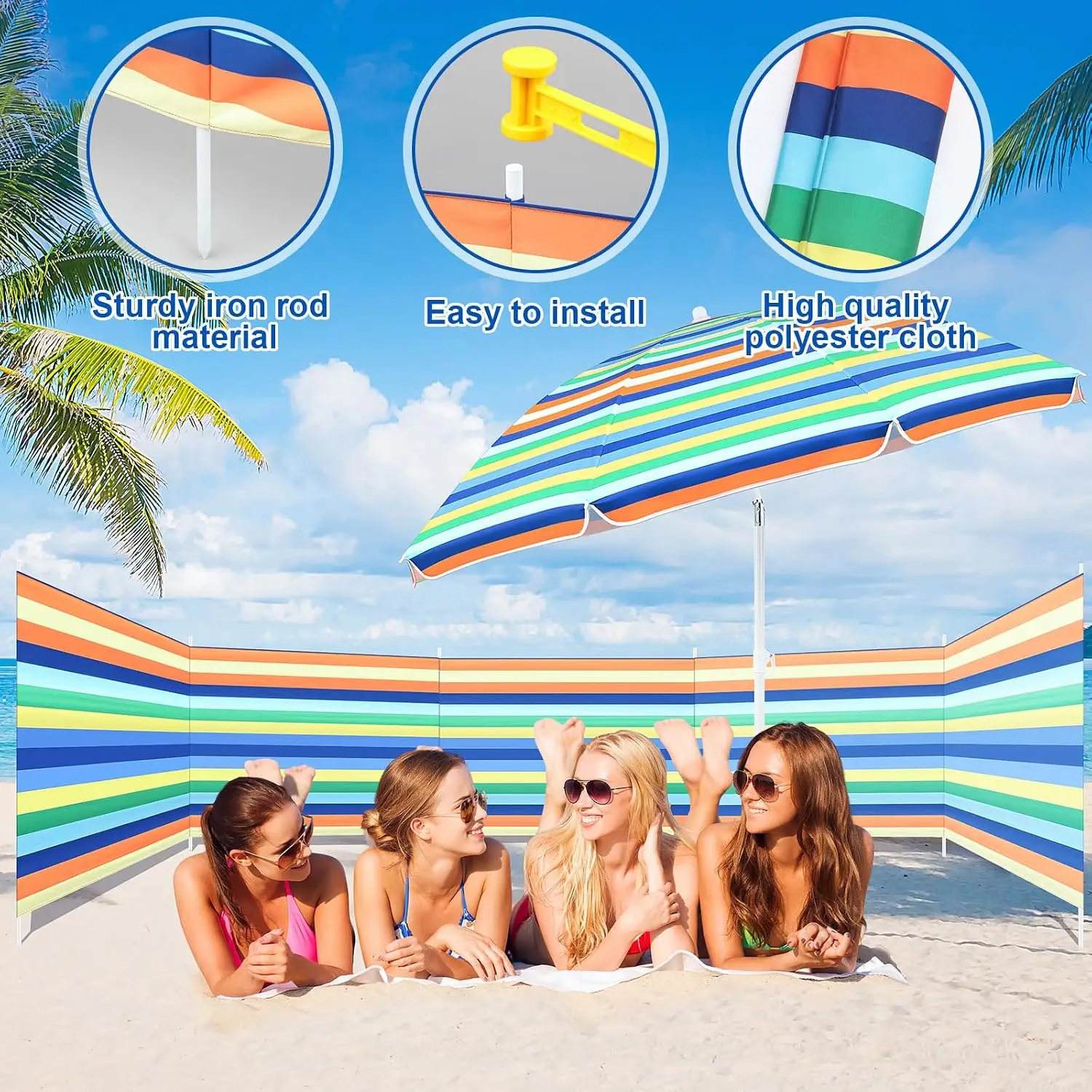 20ft Beach Windscreen Set With 6ft Beach Umbrella UV 50 Wind Blocker Sandbeach Tanning Privacy Screen Kit Sand Anchor Storage Bag Outdoor view 4