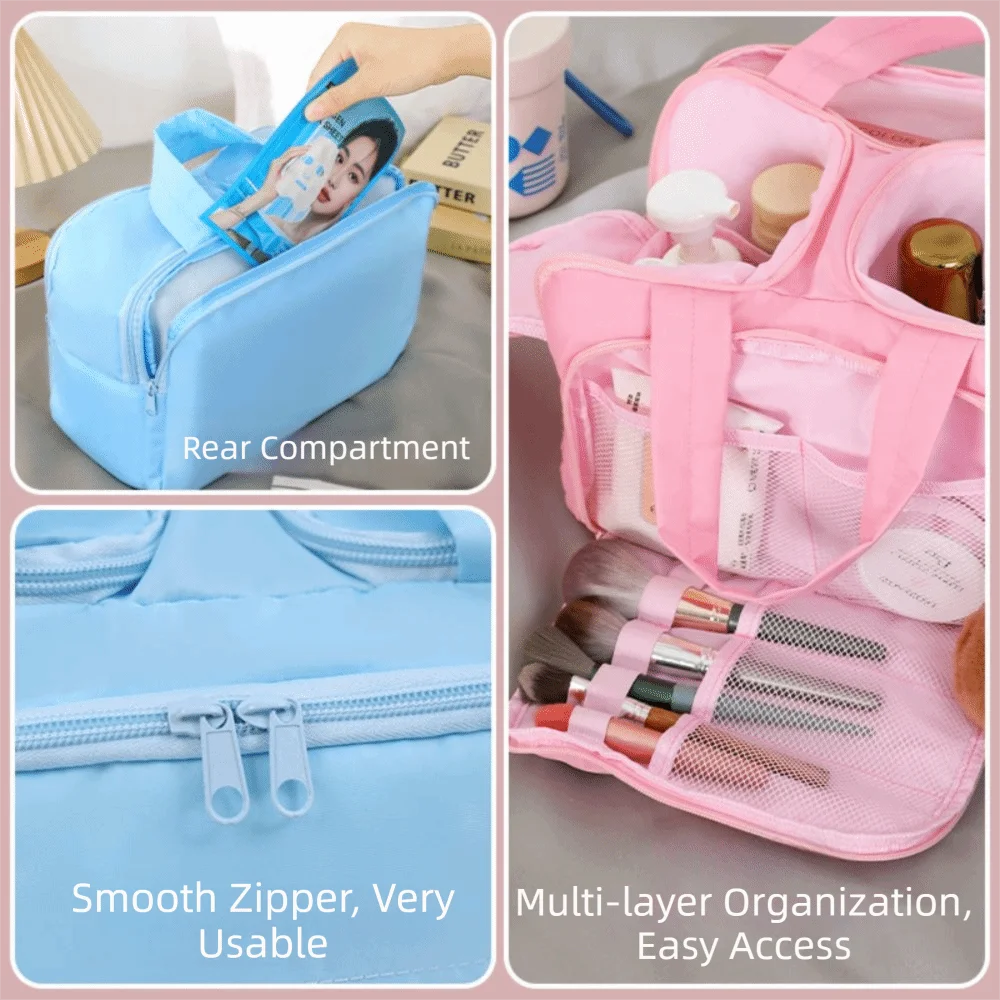 Multipocket Design Cosmetic Handbag Double Side Open Large Capacity Travel Toiletry Bag Easy Access Double Zipper Makeup Pouch