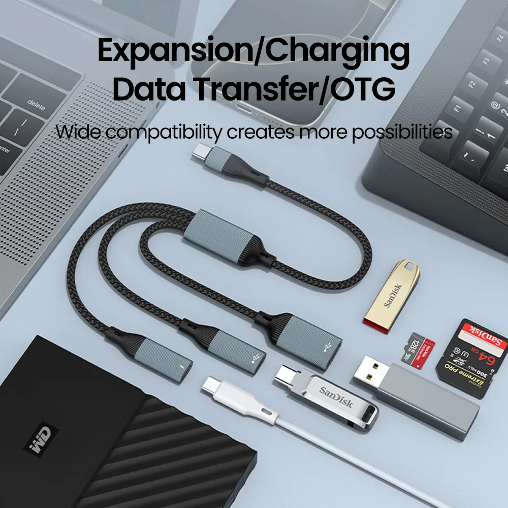 PD 60w USB C Multi Ports Adapter Cable Fast Charging Type-C Male to USB+Type C Female Splitter OTG Data Transmission Connector