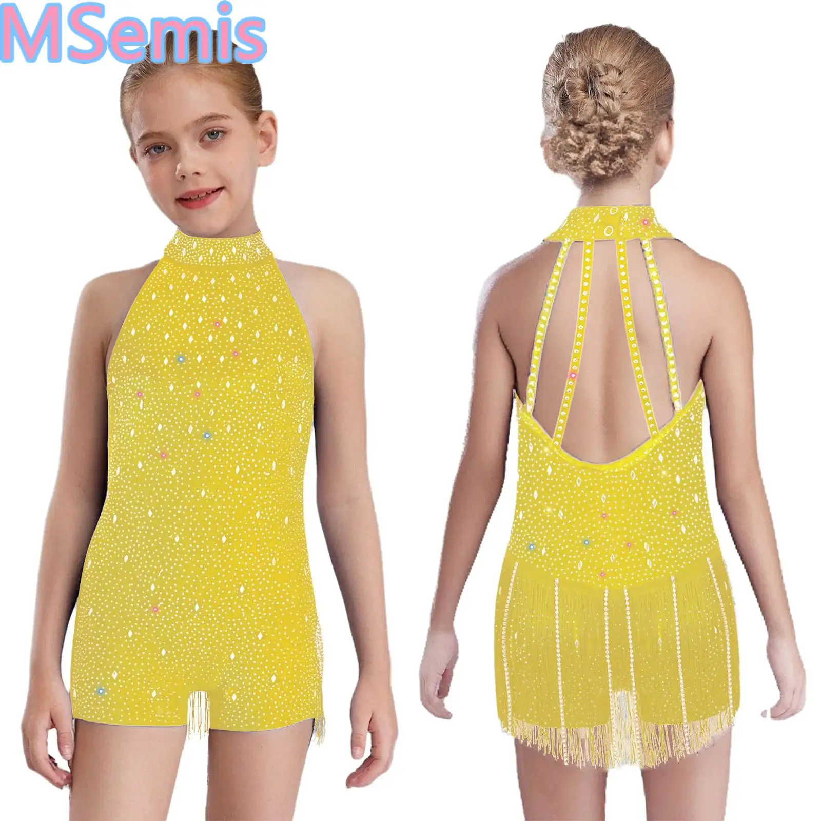 بدلة رقص للأطفال البنات مع رسن مهدب بدون أكمام وظهر مكشوف وأحجار الراين اللامعة لمسابقات أداء الجاز اللاتينية