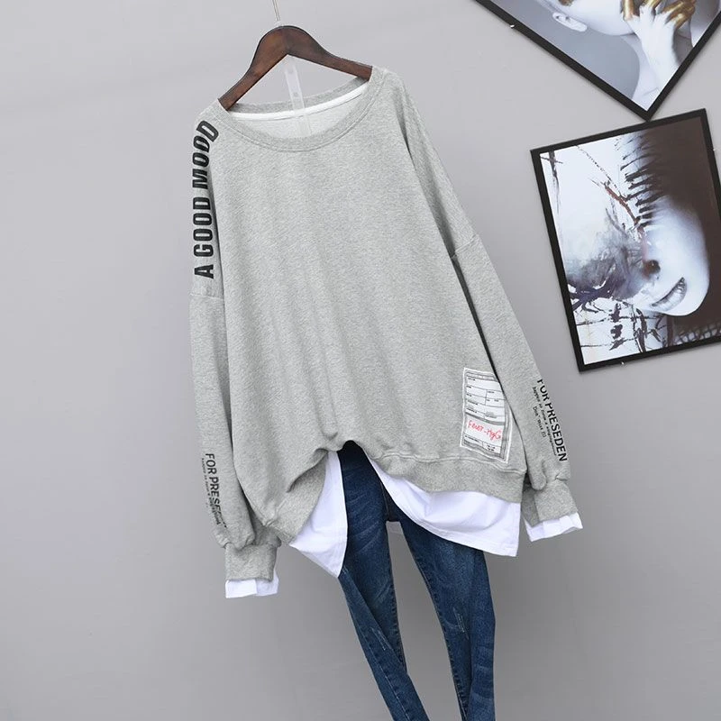 

Letters Streetwear Oversized Long Sleeve Patch Designs Fake 2 Pieces Sweatshirt Women Casual Pullovers Tunic Top Female Clothing