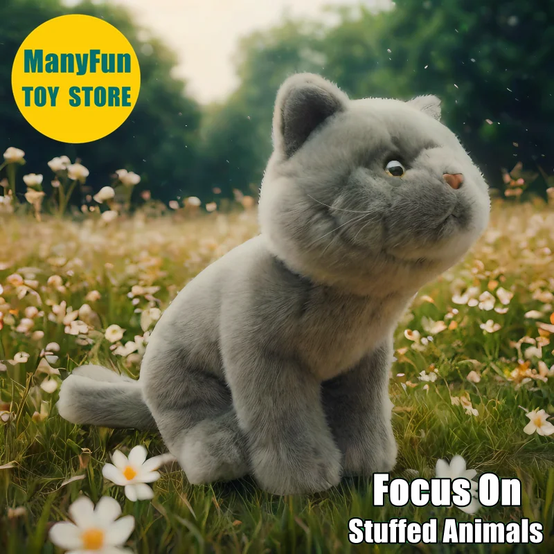 

British Shorthair Cat Plush Toy - Realistic British Blue Stuffed Animal, Lifelike Russian Blue Plushie, Blue Grey Cat Doll Gift
