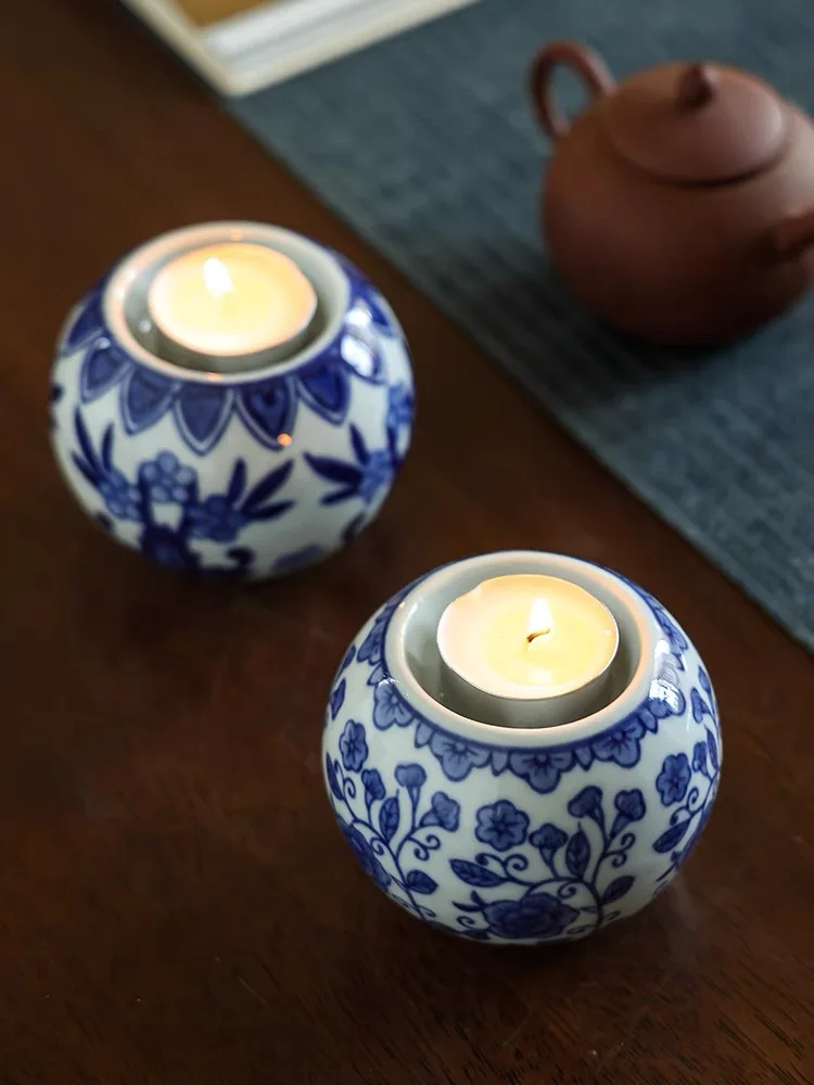 Blue and white ceramic candlestick, Oriental traditional porcelain ornaments, hand-painted patterns, classic vase decoration