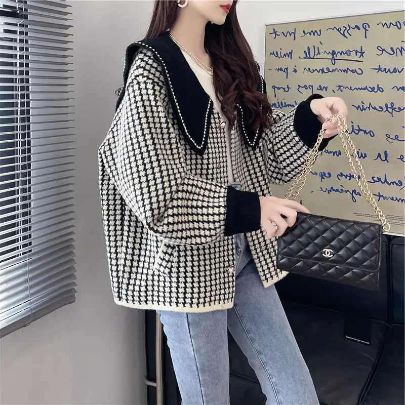 Casual Stylish Doll Neck Women's Knitted Jacket Autumn Winter Retro Versatile Korean Version Thousand Bird Grid Top for Women