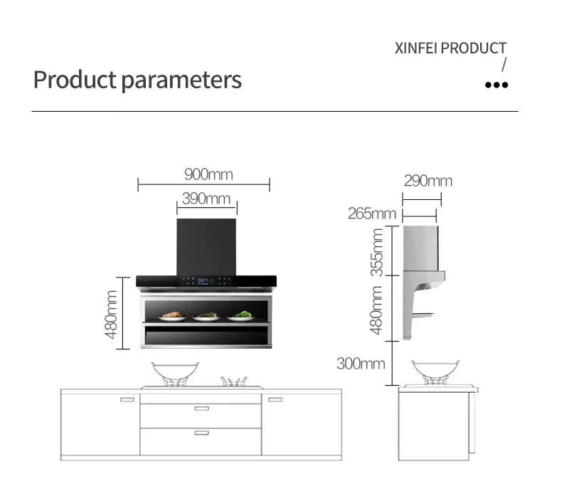 Electrodoméstico de cocina de succión grande, campana extractora de doble succión, lado superior, 7 en forma, en Stock