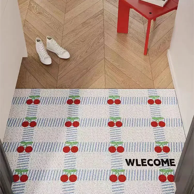 Cute Cherry Plaid Bath Mat Stripe Welcome Door Mat Non-Slip PVC Wire Loop Entrance Doormat Kitchen Bathroom Rug