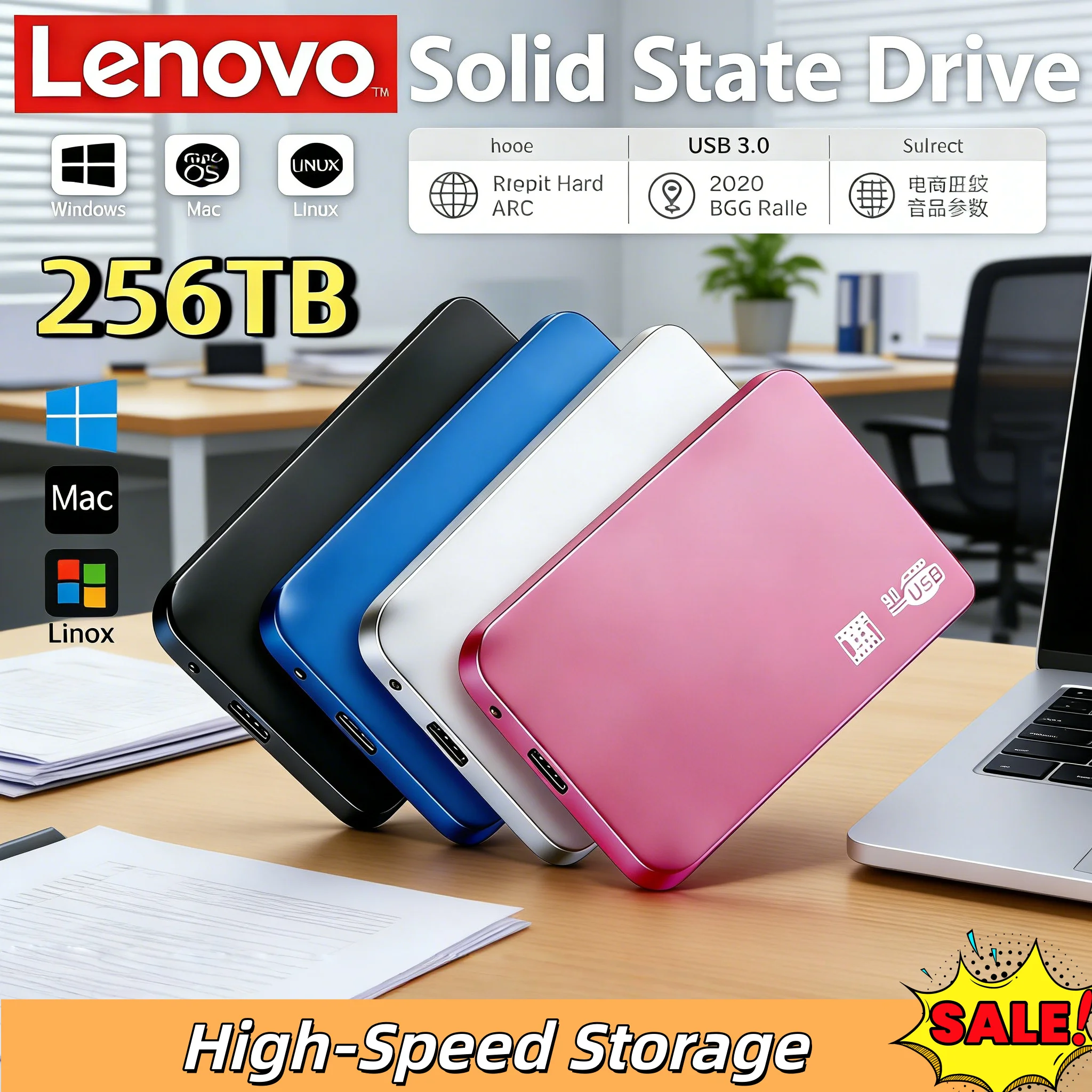 

Внешний корпус для SSD-накопителя Lenovo USB 3.0, 4 ТБ, высокоскоростной, из ABS-пластика, с кабелем для передачи данных, для портативного хранения данных