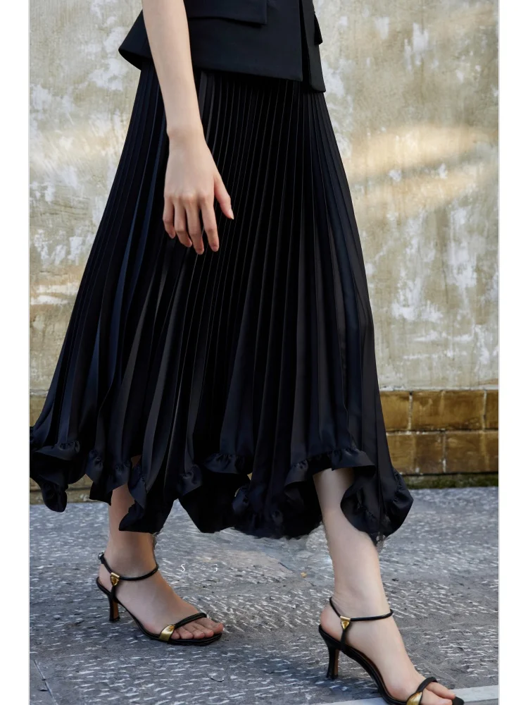 

WANGXO Acetate Satin Skirt Heavy Embellished Petal Lace Pleated High Waist A-Line Skirt for Women Casual Style