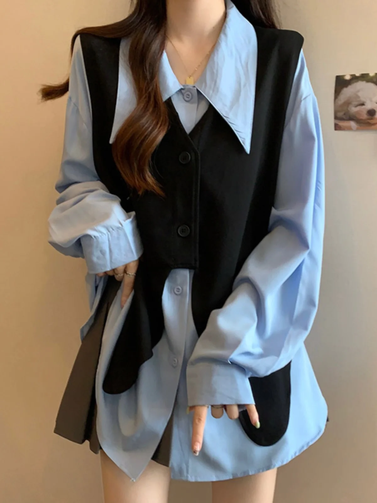 Superaen Koreaanse Stijl Zoete Vest Met Lange Mouwen Nep Tweedelige Set Dames Oversized Herfst Nieuw Los Onregelmatig Shirt