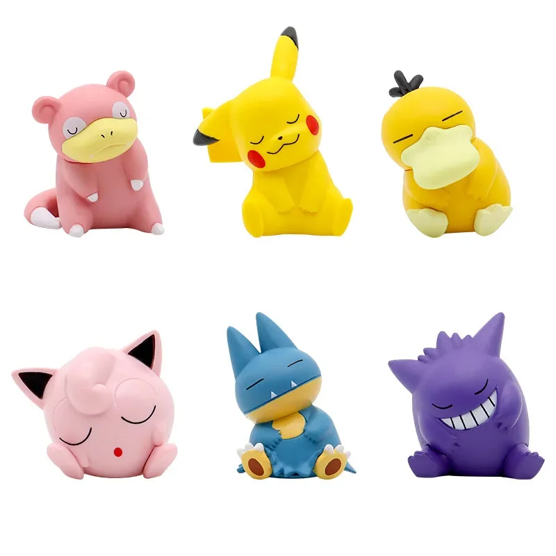 6pcs/set Pokémon Pikachu Gengar Jigglypuff Slowpoke Gonbe Psyduck Model Figure Twisted Eggs Car Desktop Decoration PVC Doll Toys