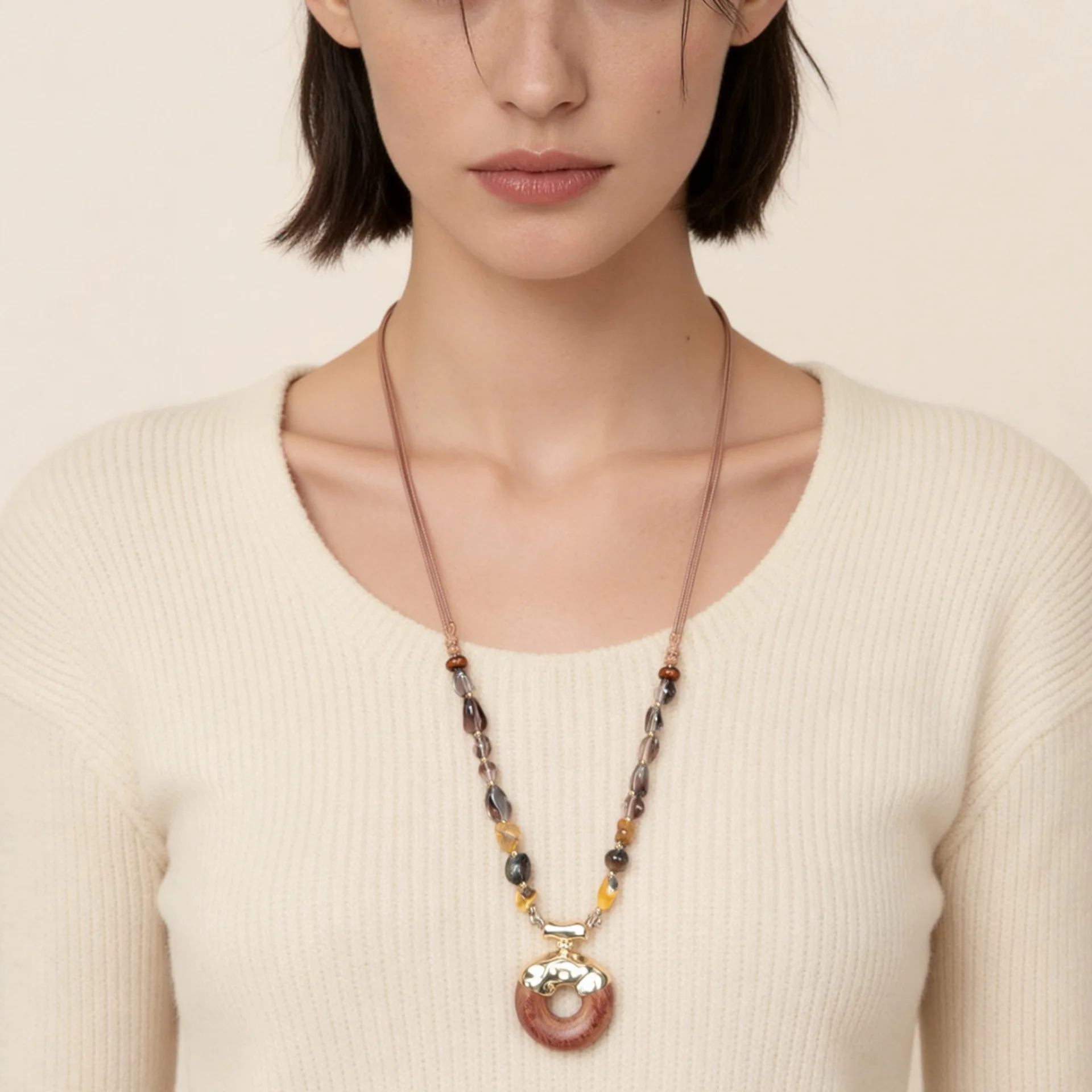 Vintage Maillard Style Pendant Necklace Daily Commuter Versatile Light Luxury Tiger's Eye Sweater Chain Niche High‑Grade Neckla