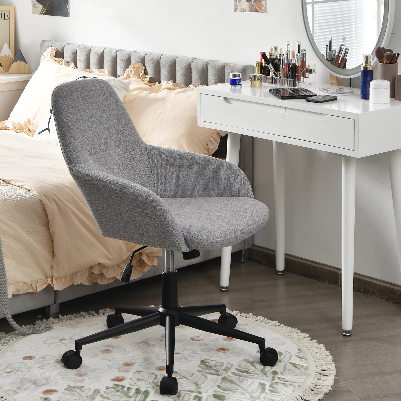 Silla de oficina de lino con reposabrazos, asiento giratorio, ajustable