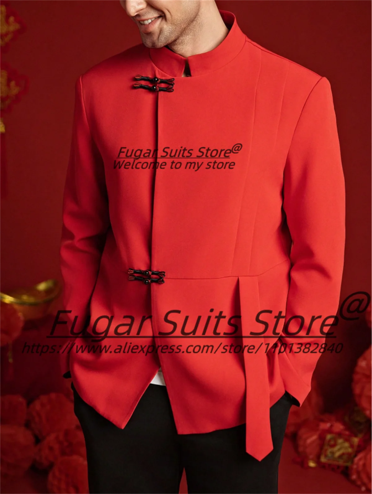 

Chinese Red Elegant Men Suits Slim Fit Tailor Made Groom Prom Wedding Tuxedos 2 Pieces Sets Handsome Male Blazers Costume Homme