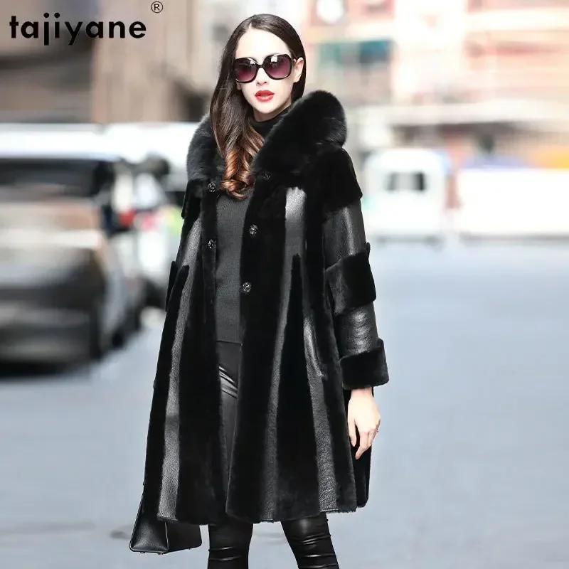 

Tajiyane Natural Wool Fur Jackets for Women 2023 Hooded Winter Mid-length Real Fur Coat Fox Fur Collar Warm Outerwears Casacos