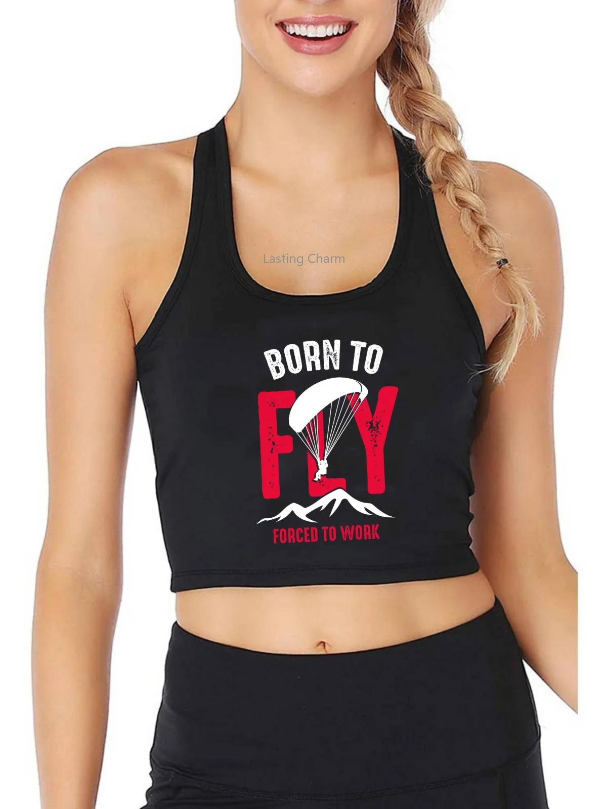 Born to fly forced to work Pattern Paraglider enthusiasts Tank Top Women's Yoga Sports Workout Crop Top Gym Training Top