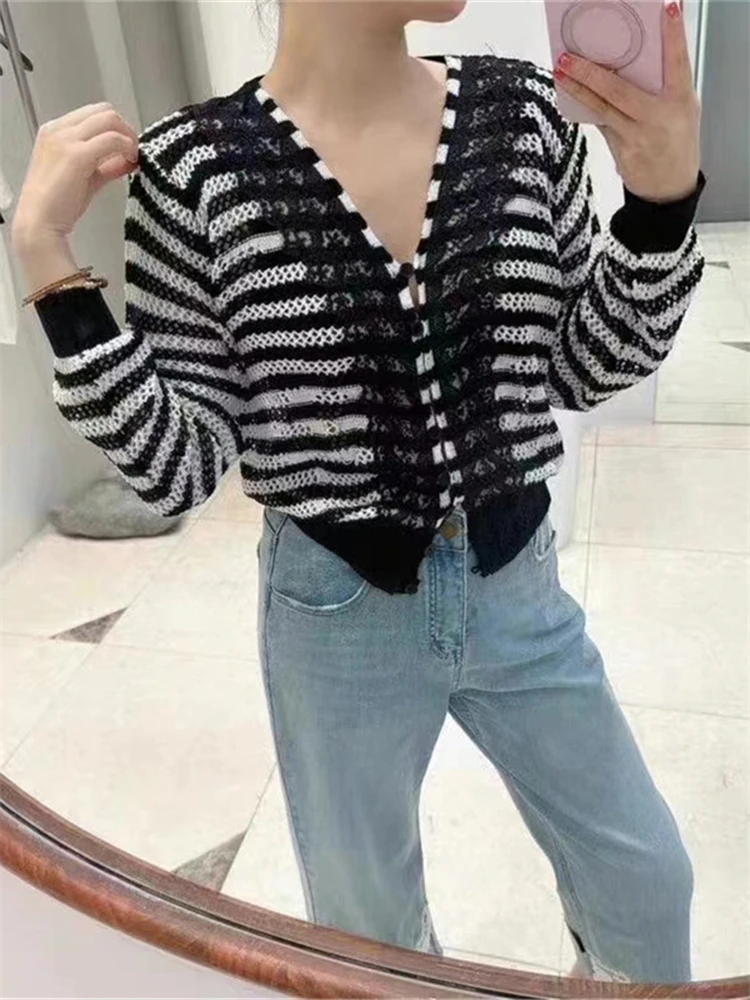 Colorfaith SWC6831JX New 2024 Lace Striped Cutout Wild Korean Fashion Knitting Cardigans Women Autumn Winter Sweaters Short Tops