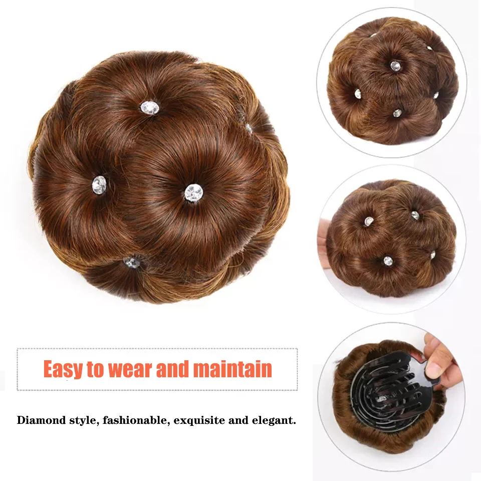 OLACARE Synthetic High Temperature Fiber Diamond Chignon Nine flowers Hair Women Curly Chignon Hair Bun Donut Clip In Hairpiece