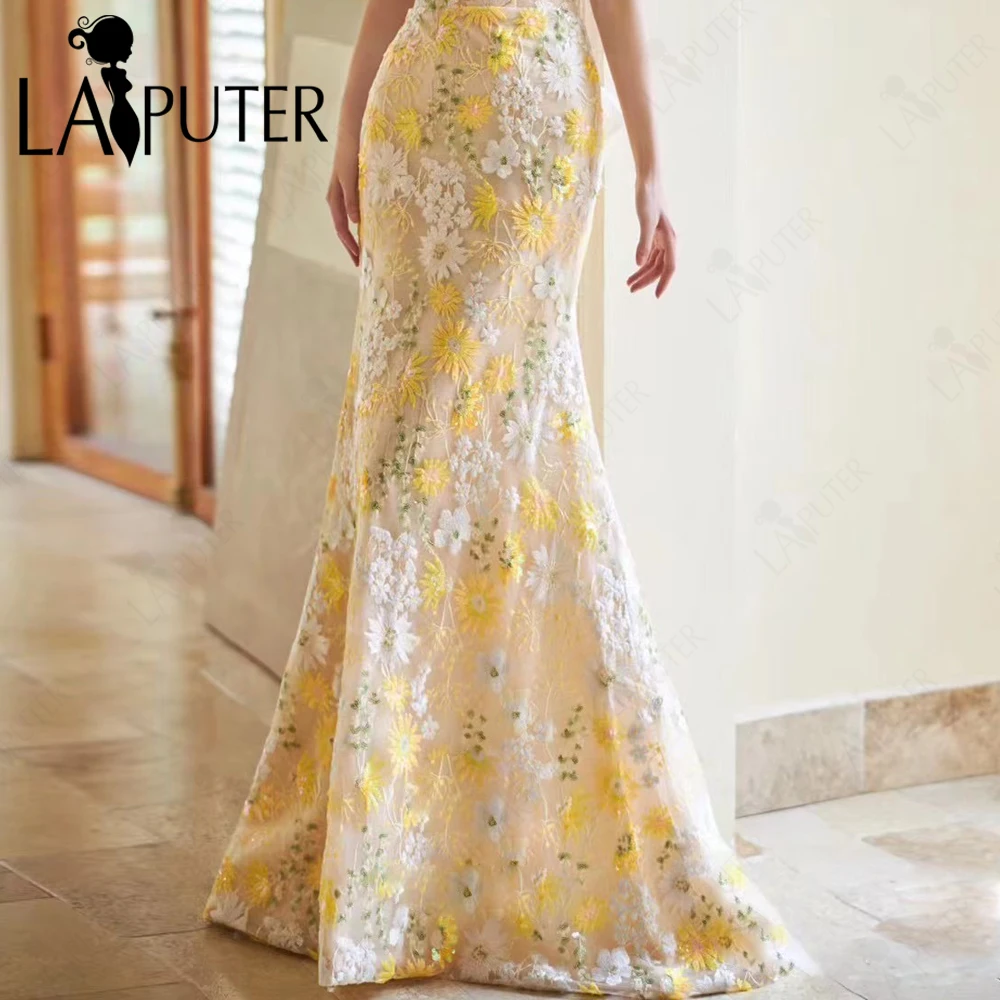 Off Shoulder Floral Yellow Mermaid Evening Dresses Ruched White Wraps Neck Party Dress Yellow Flowers Pattern Lace Prom Gown